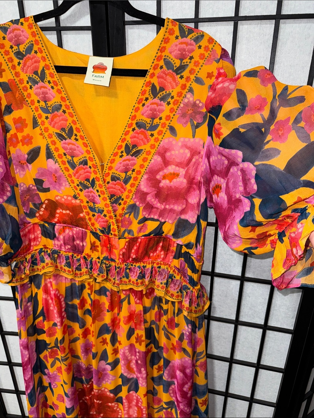 FARM Rio Ruffled Floral Print Georgette Maxi Dress Marigold XL NWOT - Picture 10 of 16